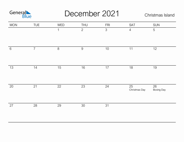 Printable December 2021 Calendar for Christmas Island