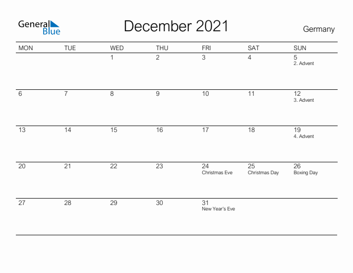 Printable December 2021 Calendar for Germany