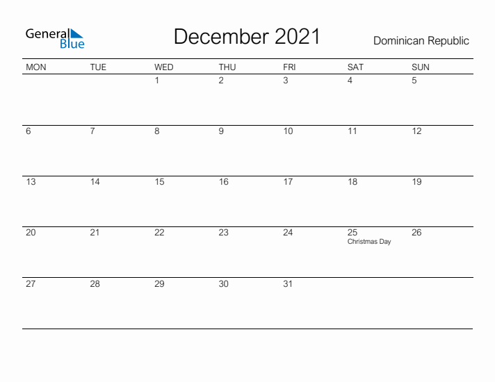 Printable December 2021 Calendar for Dominican Republic