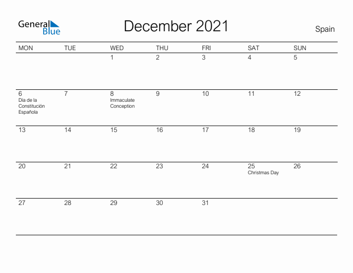 Printable December 2021 Calendar for Spain