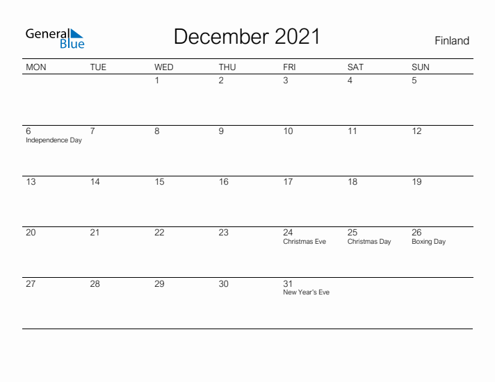 Printable December 2021 Calendar for Finland