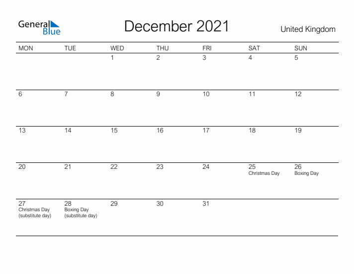 Printable December 2021 Calendar for United Kingdom