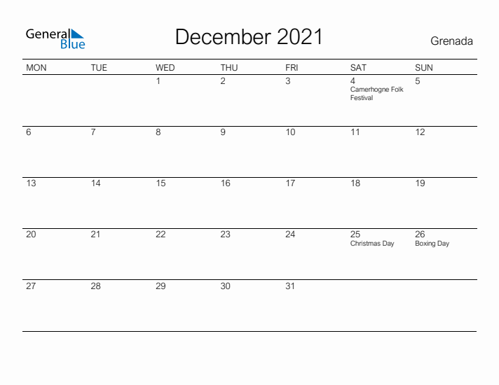 Printable December 2021 Calendar for Grenada