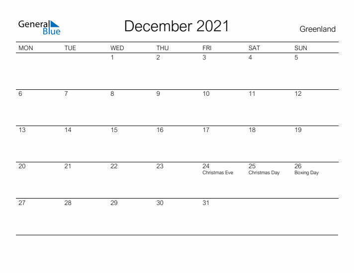 Printable December 2021 Calendar for Greenland