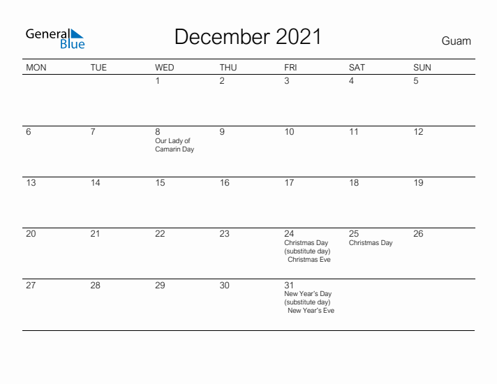 Printable December 2021 Calendar for Guam