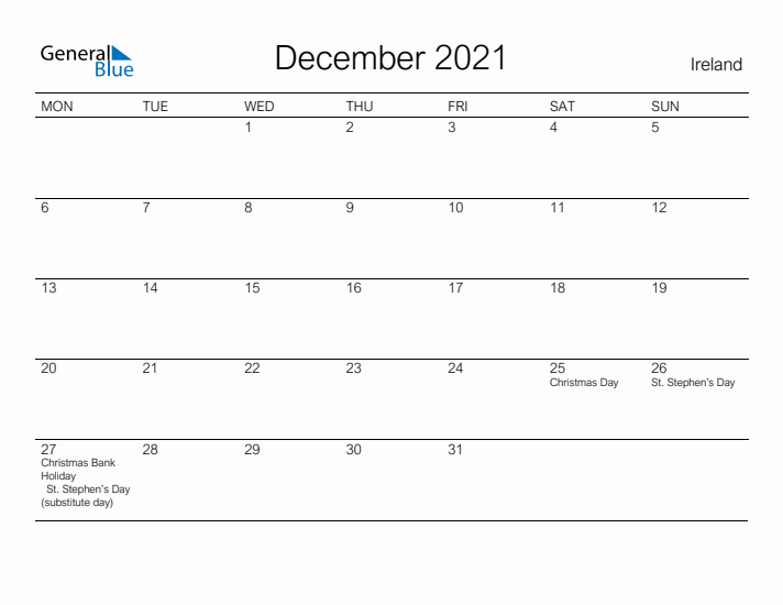 Printable December 2021 Calendar for Ireland