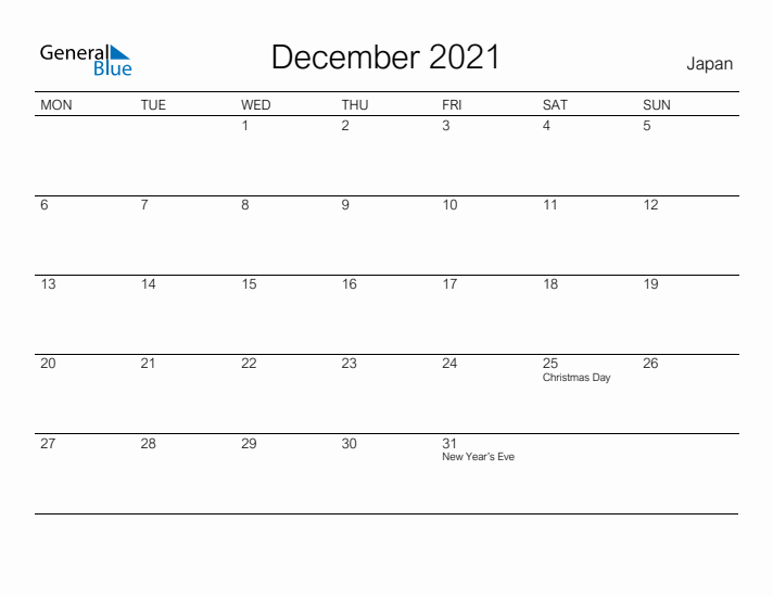 Printable December 2021 Calendar for Japan