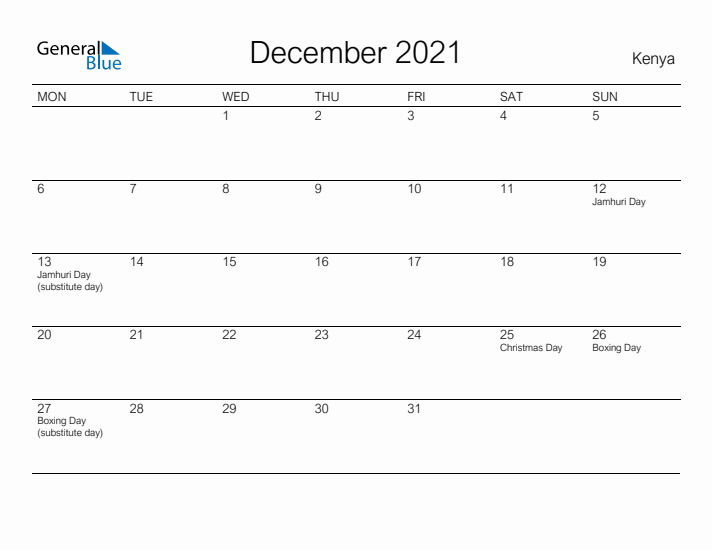 Printable December 2021 Calendar for Kenya