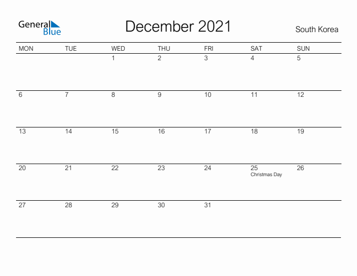 Printable December 2021 Calendar for South Korea
