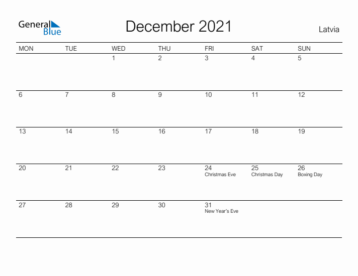 Printable December 2021 Calendar for Latvia