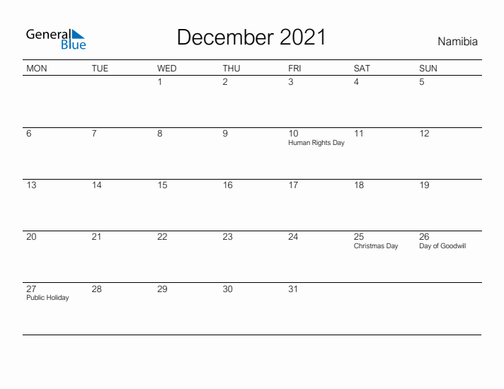Printable December 2021 Calendar for Namibia
