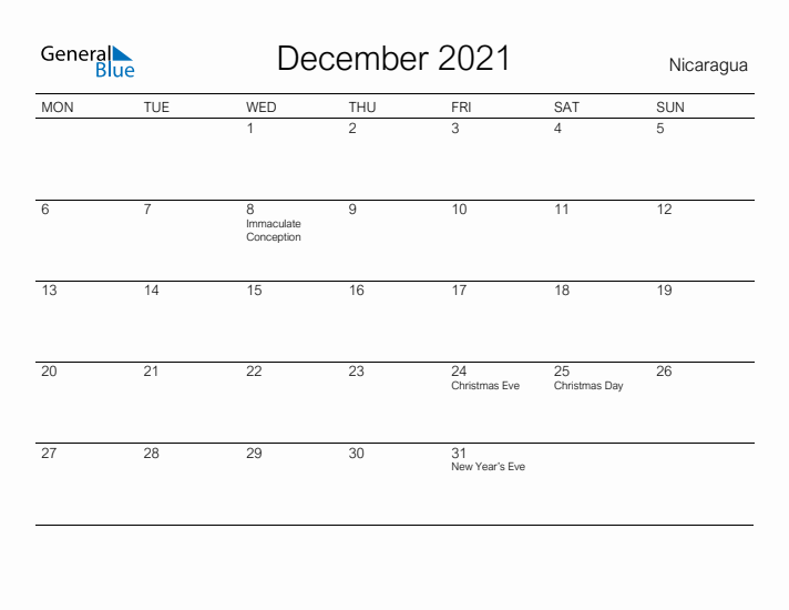 Printable December 2021 Calendar for Nicaragua