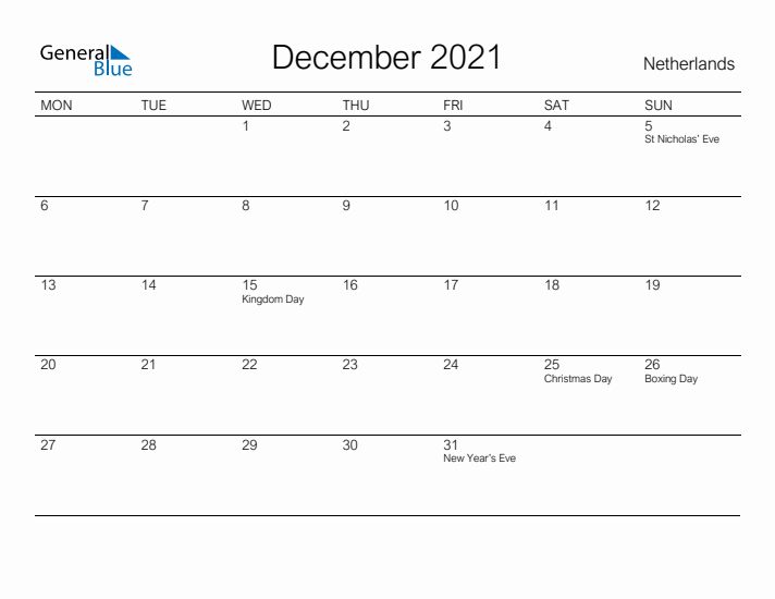 Printable December 2021 Calendar for The Netherlands