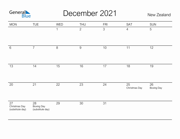 Printable December 2021 Calendar for New Zealand