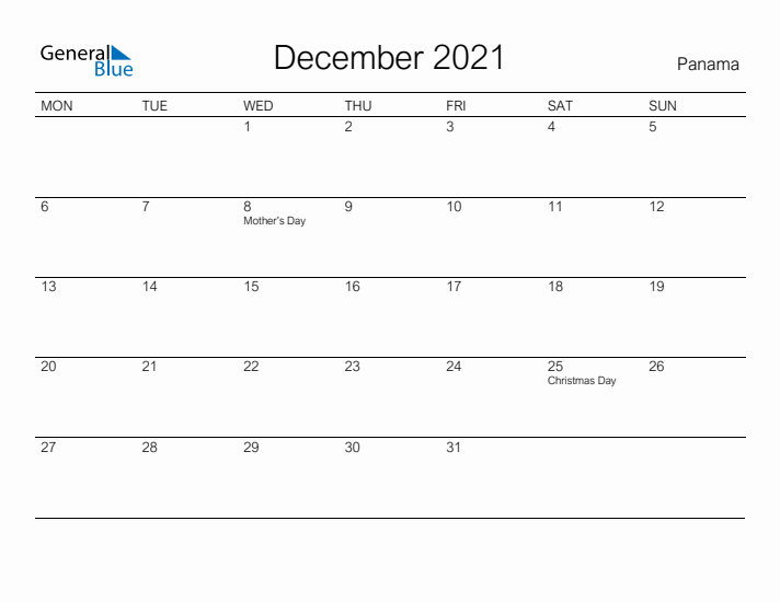 Printable December 2021 Calendar for Panama