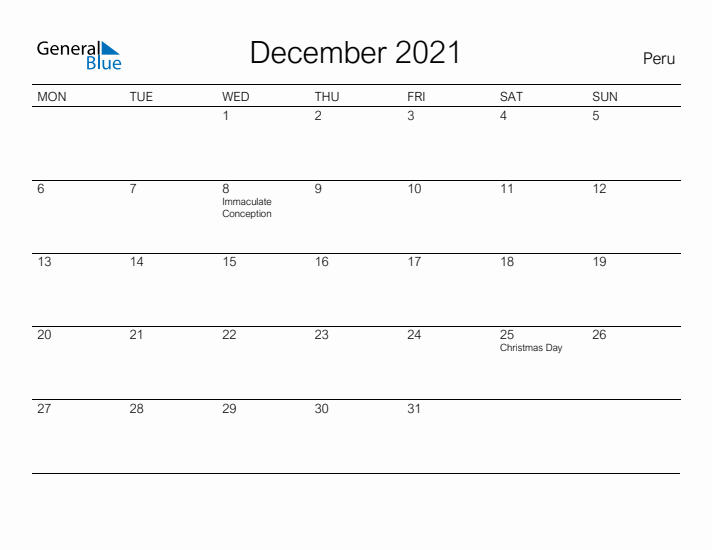 Printable December 2021 Calendar for Peru