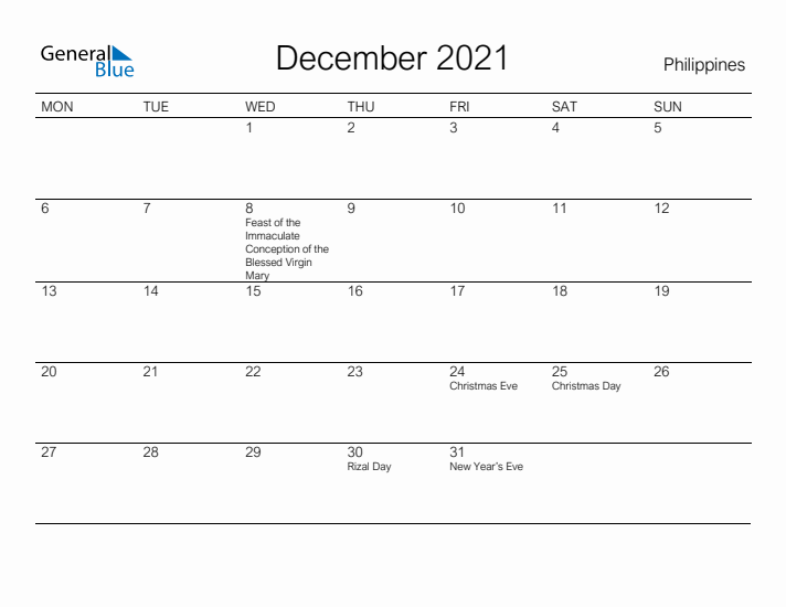 Printable December 2021 Calendar for Philippines
