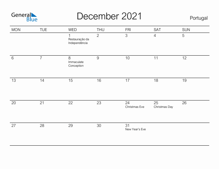 Printable December 2021 Calendar for Portugal