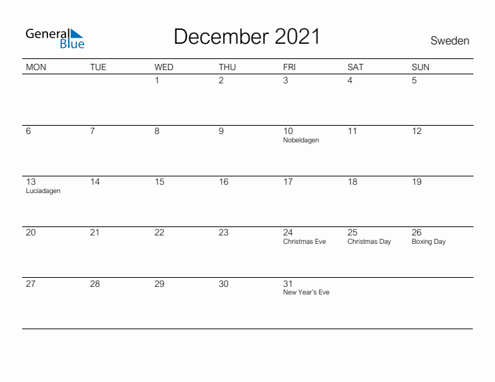 Printable December 2021 Calendar for Sweden