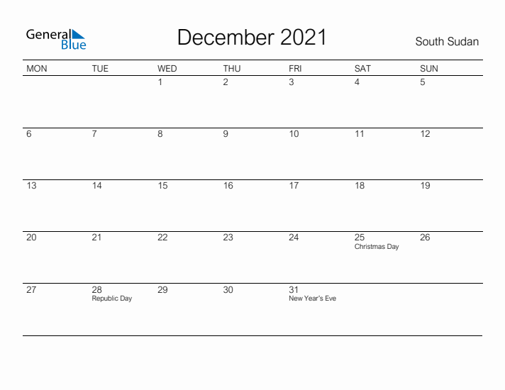 Printable December 2021 Calendar for South Sudan