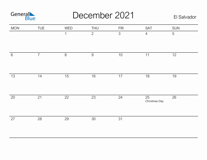 Printable December 2021 Calendar for El Salvador