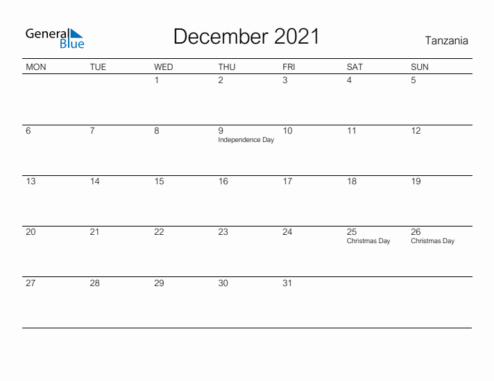Printable December 2021 Calendar for Tanzania