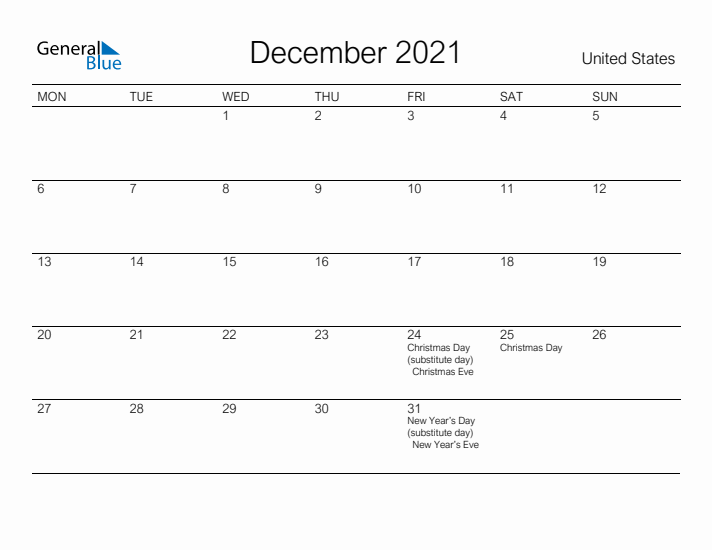 Printable December 2021 Calendar for United States