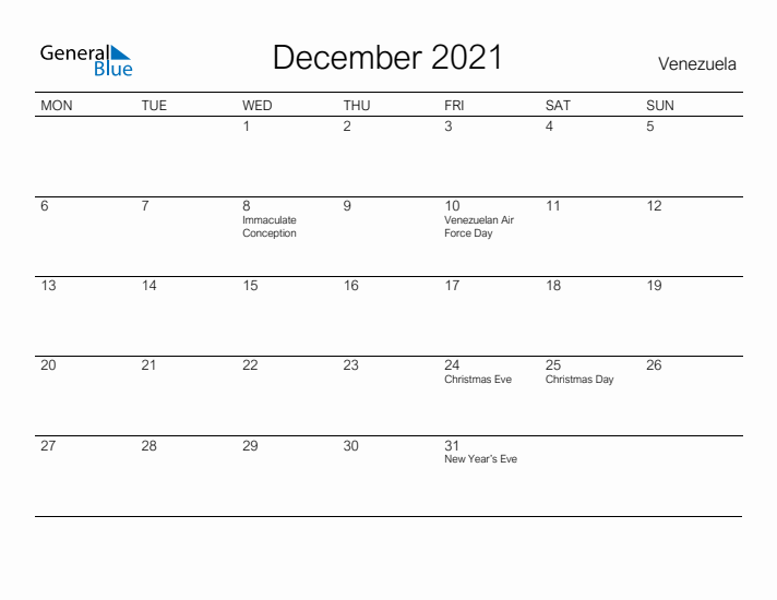 Printable December 2021 Calendar for Venezuela