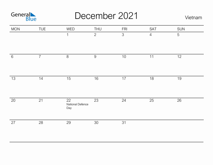Printable December 2021 Calendar for Vietnam