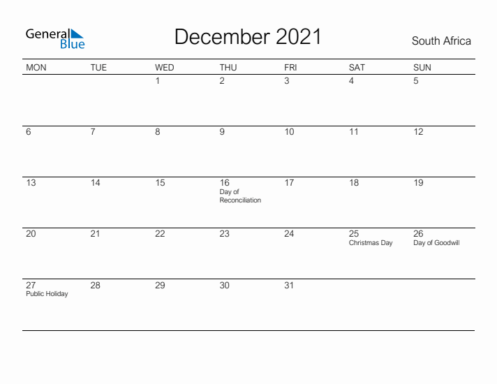 Printable December 2021 Calendar for South Africa