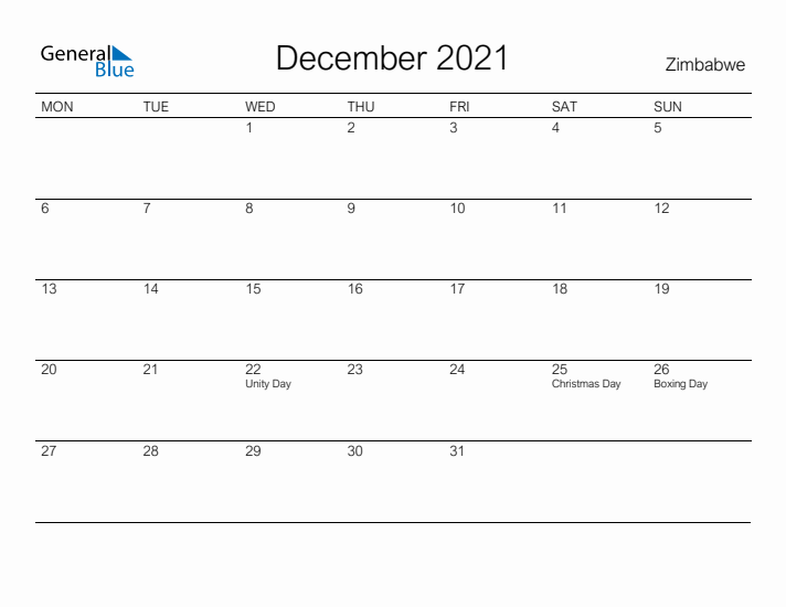 Printable December 2021 Calendar for Zimbabwe