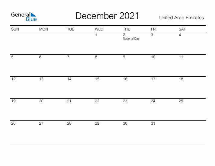Printable December 2021 Calendar for United Arab Emirates