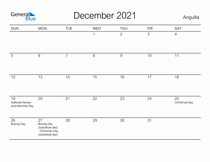 Printable December 2021 Calendar for Anguilla