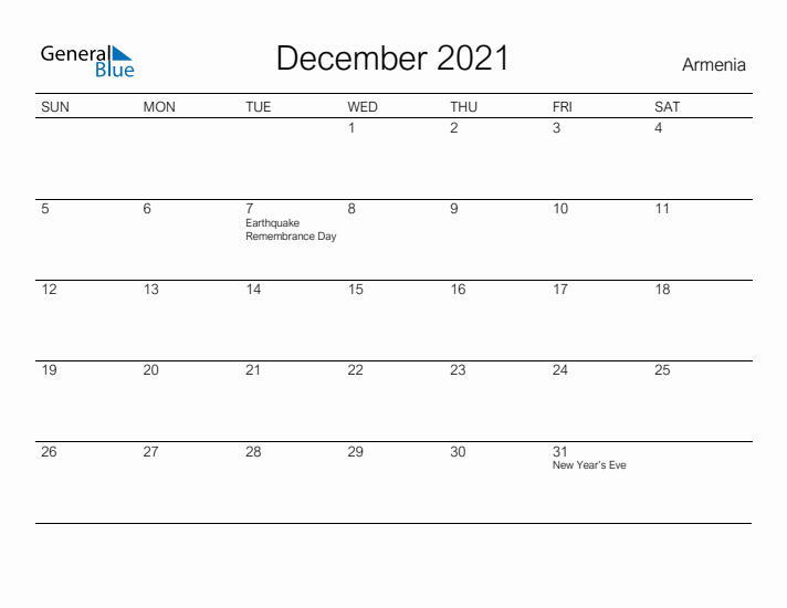 Printable December 2021 Calendar for Armenia