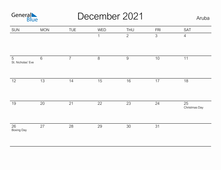 Printable December 2021 Calendar for Aruba