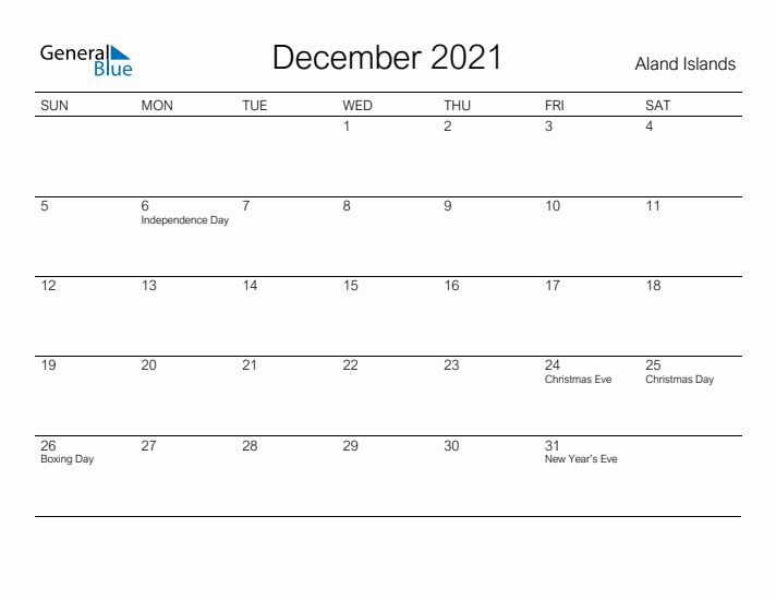 Printable December 2021 Calendar for Aland Islands