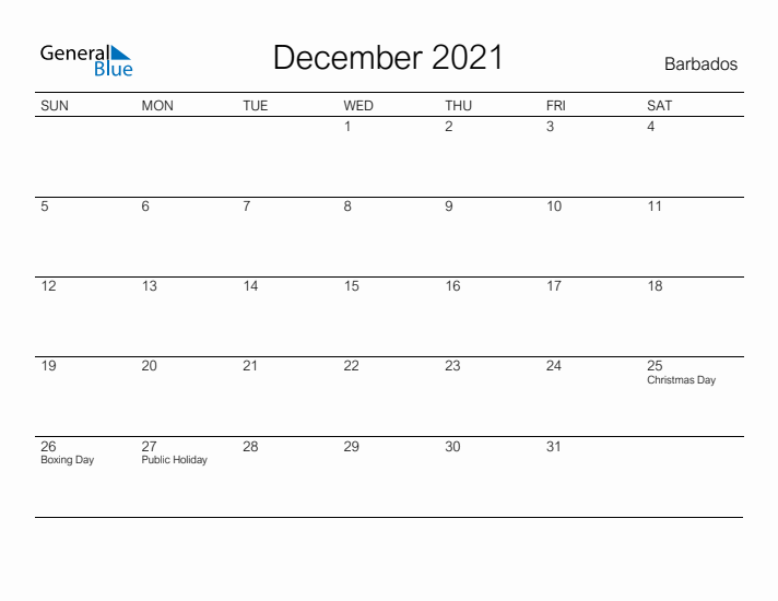 Printable December 2021 Calendar for Barbados