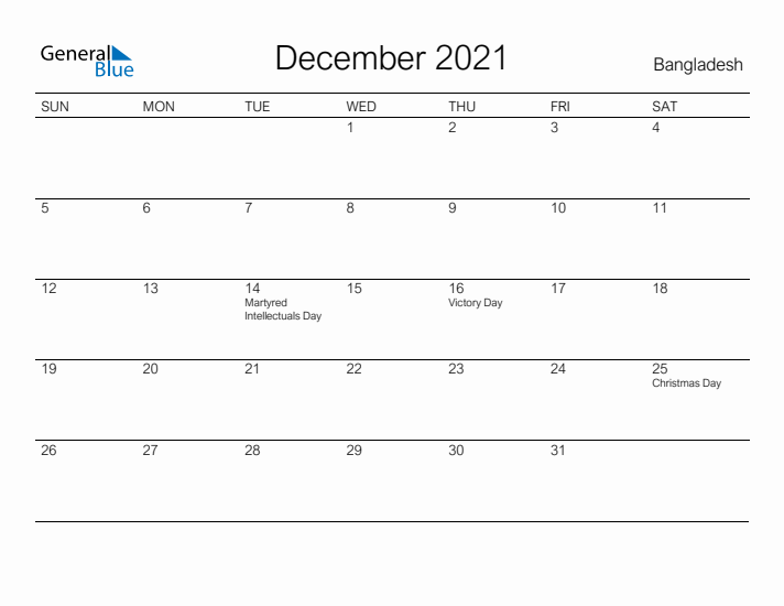 Printable December 2021 Calendar for Bangladesh