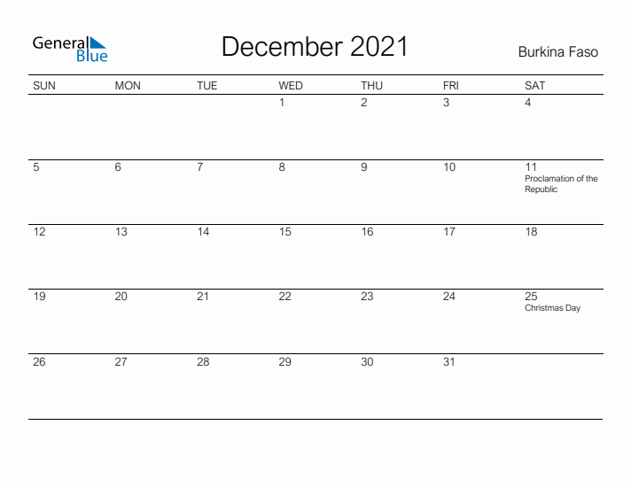 Printable December 2021 Calendar for Burkina Faso