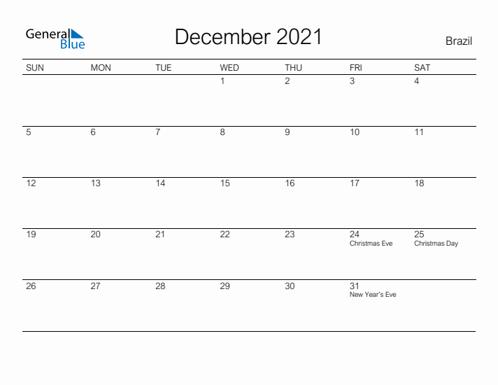 Printable December 2021 Calendar for Brazil