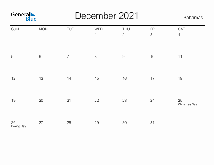 Printable December 2021 Calendar for Bahamas