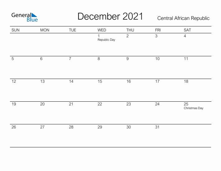 Printable December 2021 Calendar for Central African Republic