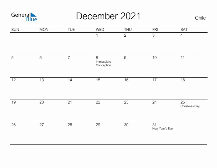 Printable December 2021 Calendar for Chile