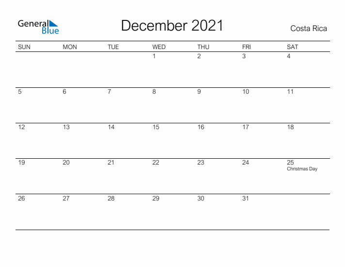 Printable December 2021 Calendar for Costa Rica