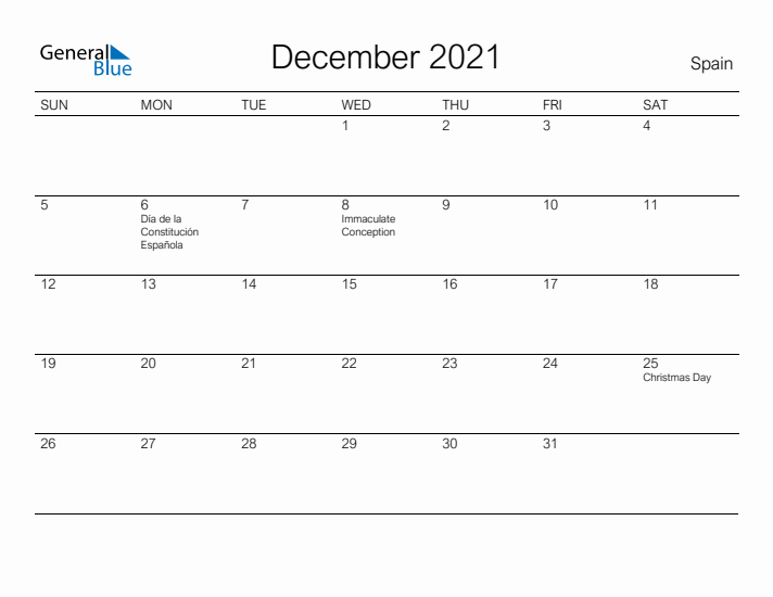 Printable December 2021 Calendar for Spain