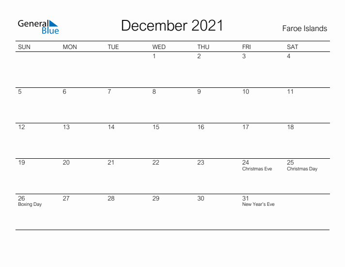 Printable December 2021 Calendar for Faroe Islands