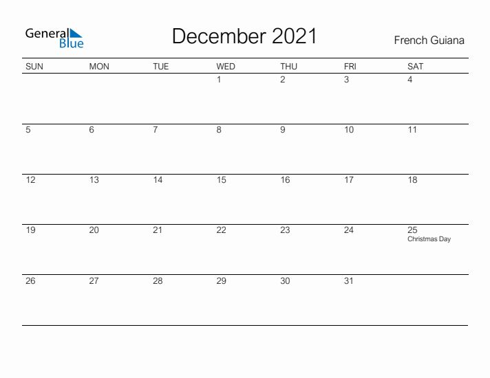 Printable December 2021 Calendar for French Guiana