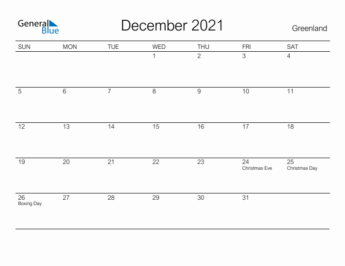 Printable December 2021 Calendar for Greenland