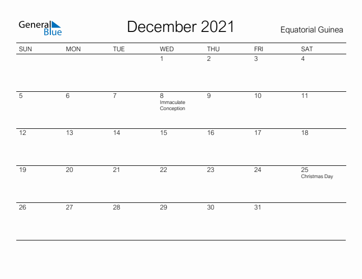 Printable December 2021 Calendar for Equatorial Guinea