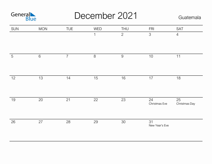 Printable December 2021 Calendar for Guatemala